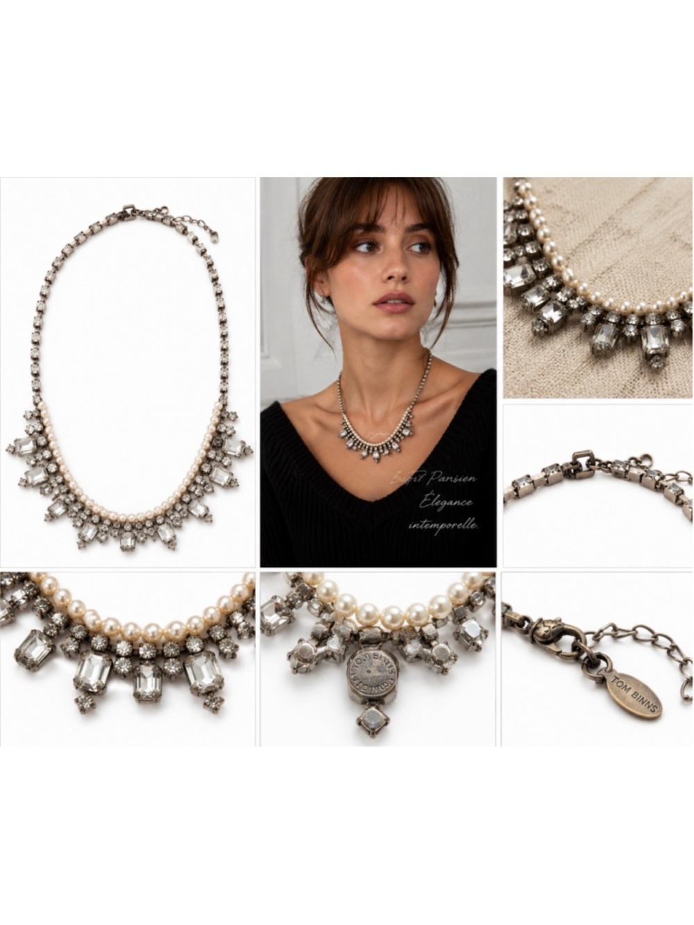 Tom Binns Made in USA Statement Bib Necklace Rhibestone Crystal Pearl RARE! new’